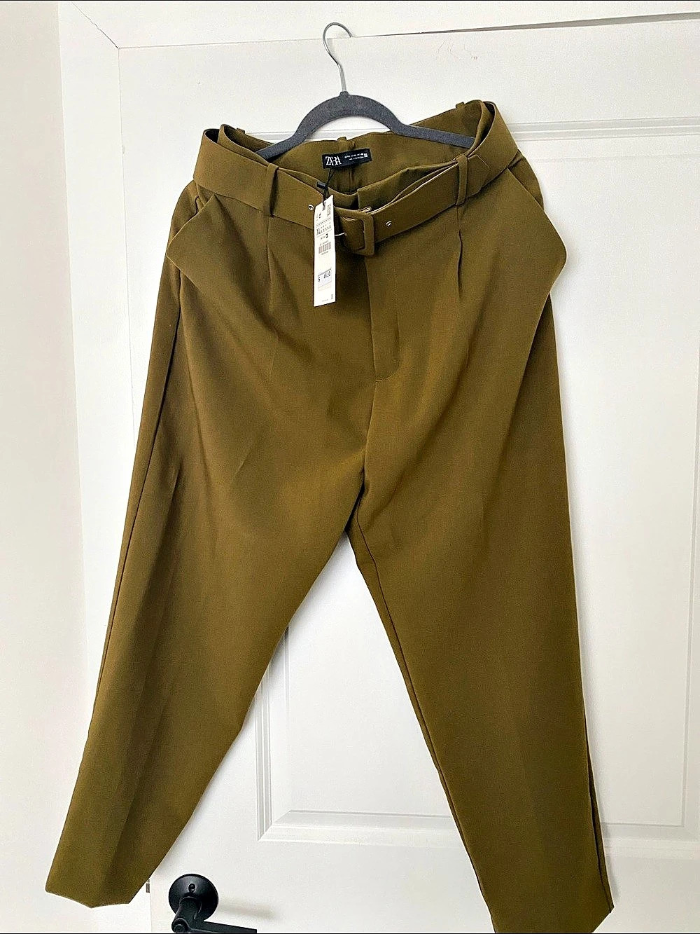 NWT ZARA Women's Tailored, Belted Trousers in Olive Green Size XL